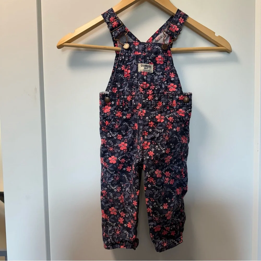 Oshkosh B'Gosh Girls Navy Blue Pink Floral Overall Denim 12 Months